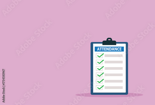  attendance clipboard with checklist. Questionnaire, survey, clipboard, task list. Flat design, 