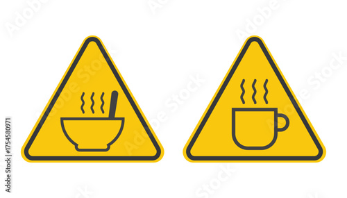 Bundle of isolated yellow caution triangle signs warning hot food and beverage hazards, safety label for restaurant and kitchen use.