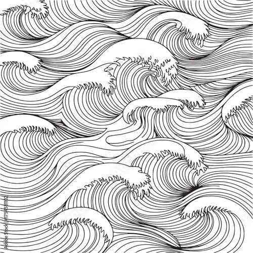 Vector art of stylized black and white line art ocean waves