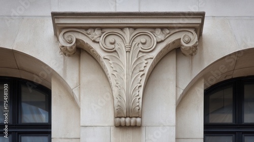 Elaborate Stone Corbel with Acanthus Leaf Detail Above Arched Windows