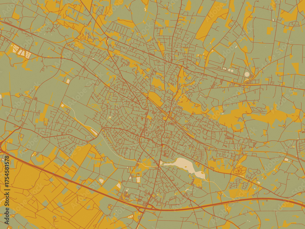 Obraz premium Decorative flat city map of Ibbenburen, Germany using olive backdrop with warm rust street network and ochre blocks.