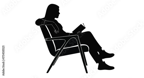 Silhouette of a person relaxing in a modern chair while reading a book, representing leisure and literature