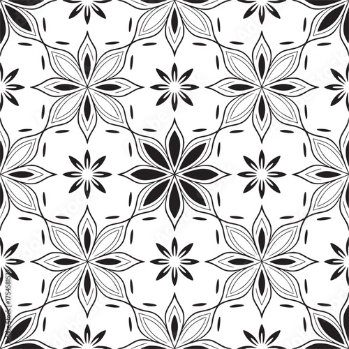 Vector art of seamless floral pattern with black outline on white