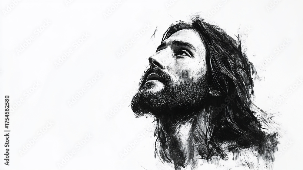 Fototapeta premium Sketch of Jesus Christ on White Background with Copy Space — Religious Illustration