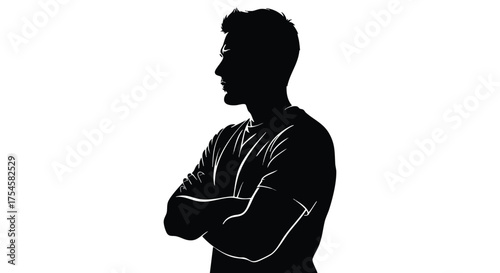 Silhouette of a man with arms crossed, profile view, against a white background, representing confidence and strength