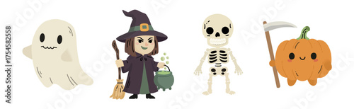 Cute Halloween Characters Line Art Collection. Halloween coloring pages, children's activities, educational materials.