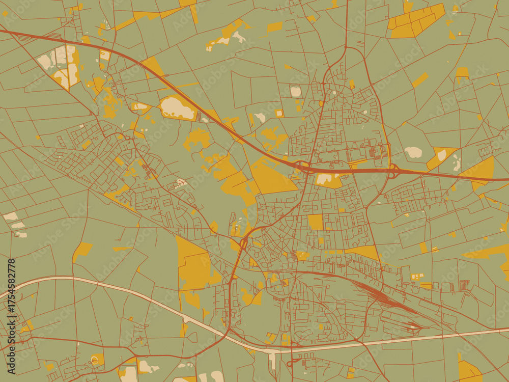 Obraz premium Vector-style flat map of Peine, Germany with olive backdrop with warm rust street network and ochre blocks.