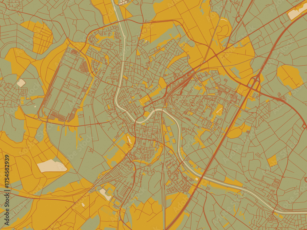 Obraz premium Abstract flat-design map of Rastatt, Germany, featuring muted sage base, rust-colored roads, and soft ochre highlights.