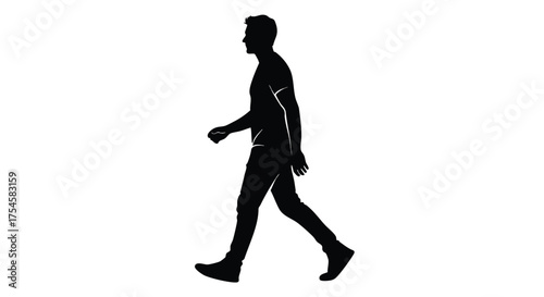 Silhouette of a man in profile walking casually on a white background