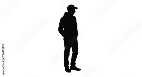 Silhouette of a person standing, wearing a hat and hoodie, hands in pockets against white background