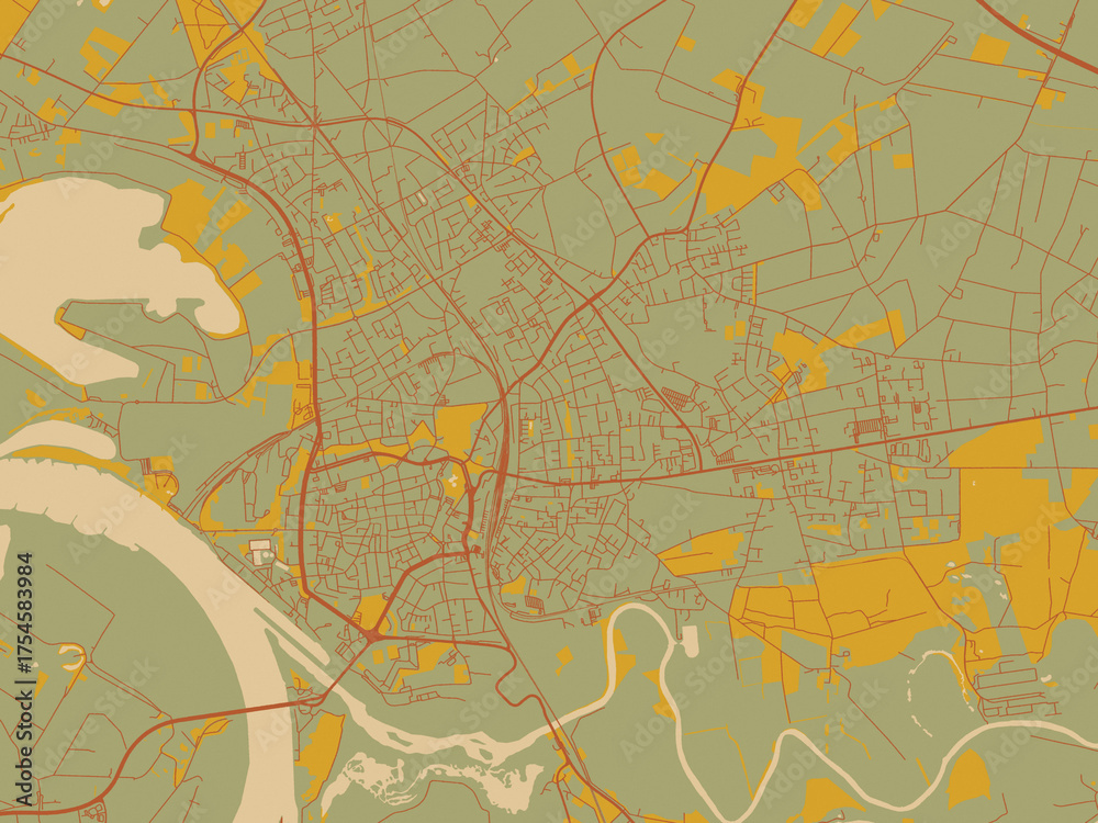 Fototapeta premium Abstract flat-design map of Wesel, Germany, featuring olive backdrop with warm rust street network and ochre blocks.