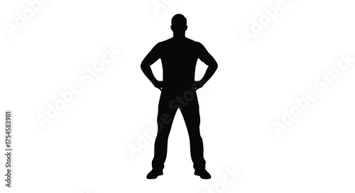Silhouette of a confident man standing with hands on hips against a white background