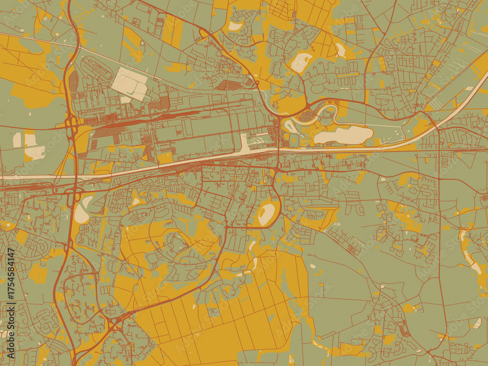 Obraz premium Stylized minimalist map of Wolfsburg, Germany in olive backdrop with warm rust street network and ochre blocks.