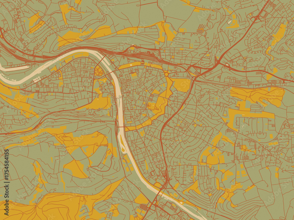 Obraz premium Poster-ready flat map of Wurzburg, Germany, olive backdrop with warm rust street network and ochre blocks.