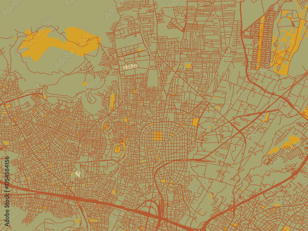 Fototapeta premium Contemporary flat map of GRE, Acharnes design with sage/olive tone field with rust networks and ochre shapes, cream water.