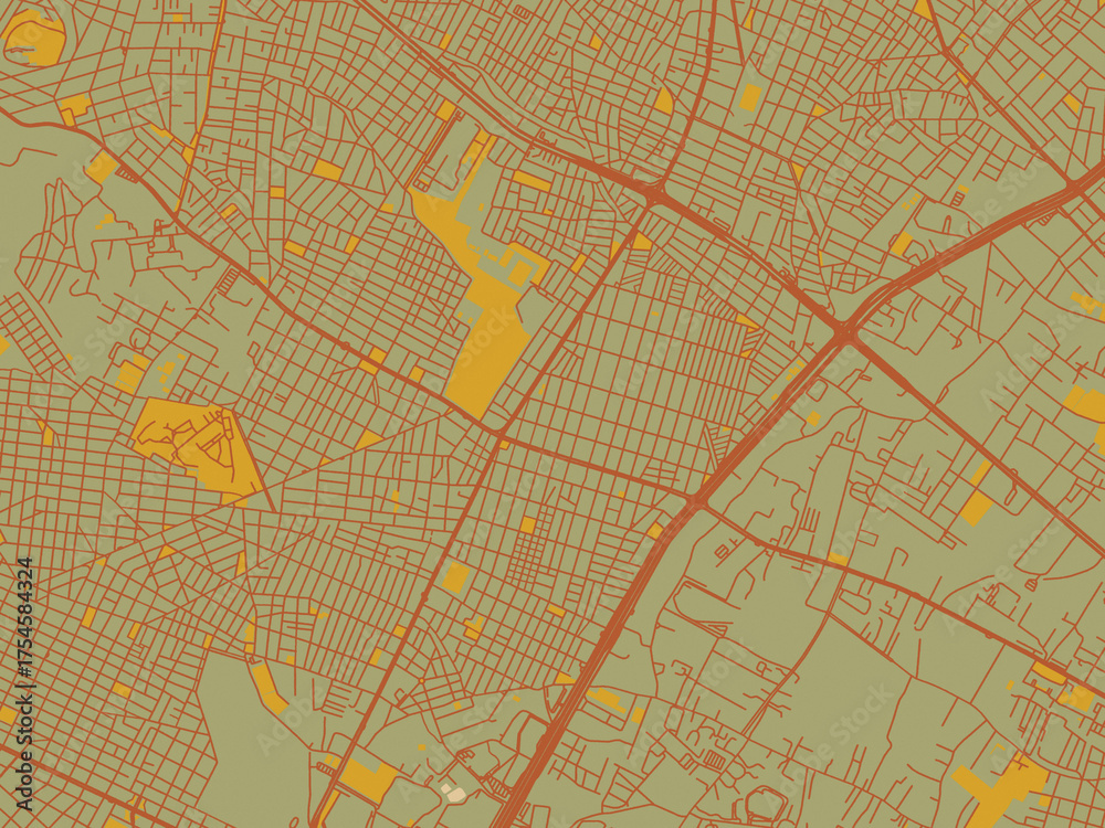 Fototapeta premium Vector-style flat map of GRE, Aigaleo with olive backdrop with warm rust street network and ochre blocks.