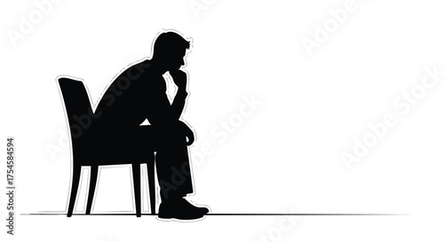 Silhouette of a pensive man sitting alone on a chair, deep in thought against a white background
