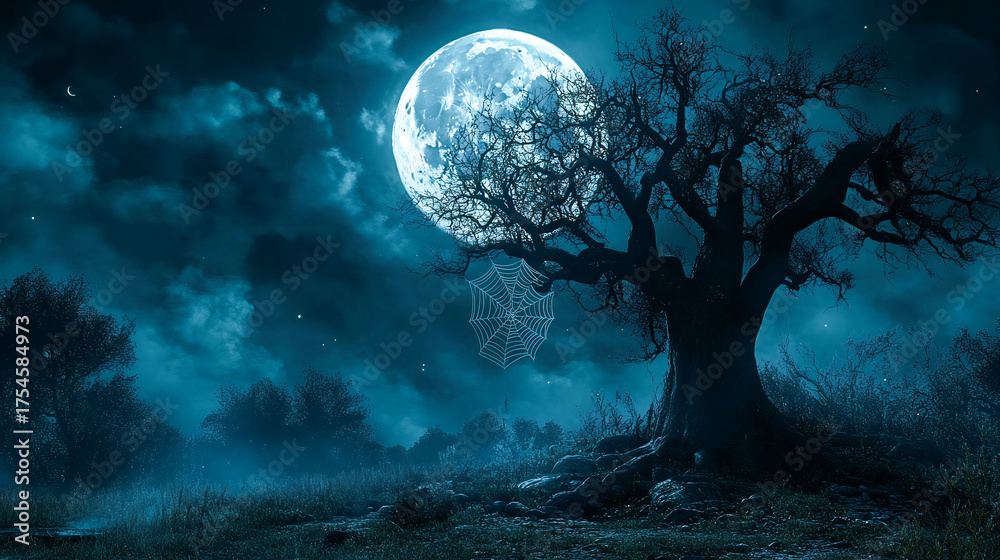 Naklejka premium Spider Web on Old Tree at Night with Full Moon — Haunted Spooky Halloween Background