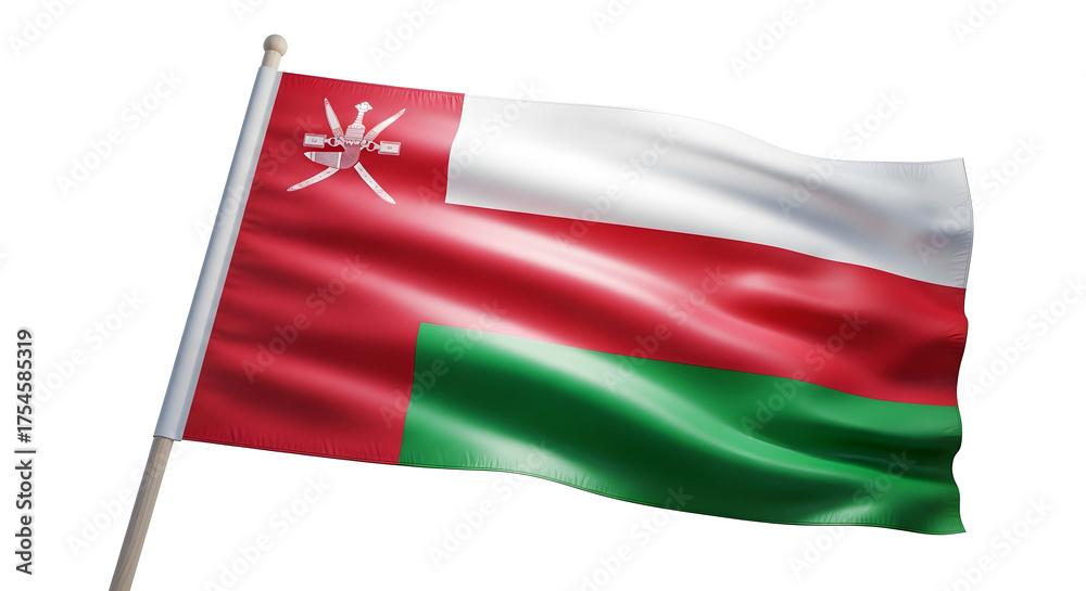 Obraz premium The National Flag of Oman Waving Proudly, Featuring Red, White, and Green Stripes with an Emblem