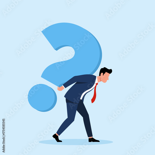Illustration of a businessman carrying a large question mark on his back, symbolizing a huge problem, burden, or difficult question.