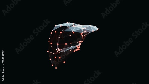 3d render of a vibrant, low-poly liver over dark background. Liver wireframe made of light points. 3d illustration