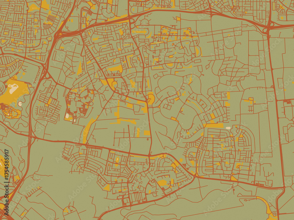 Obraz premium Abstract flat-design map of Kiryat Ono, Israel, featuring olive backdrop with warm rust street network and ochre blocks.