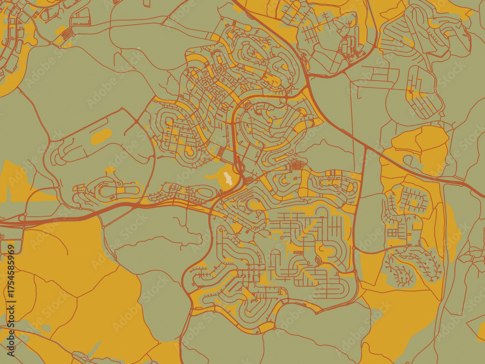 Obraz premium Modern flat map poster of Modi'in, Israel in olive backdrop with warm rust street network and ochre blocks.