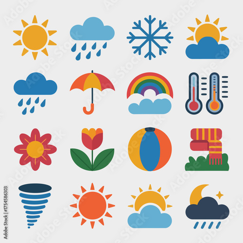 Vector illustration of set of weather icons including sun, clouds, rain, and snow