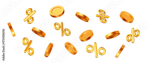3d vector flying gold shiny coins with percent discount. For promotion, marketing and advertising in social networks. Stock vector illustration on isolated background.