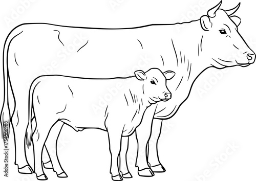 
Cow calf drawing. It is a simple, black and white outline sketch of an adult cow and a calf standing together. Vector sketch line art draw