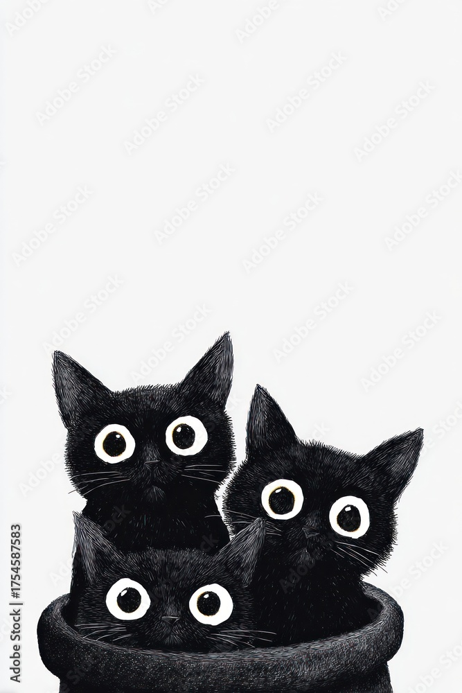 Obraz premium Three curious black cats illustrated.