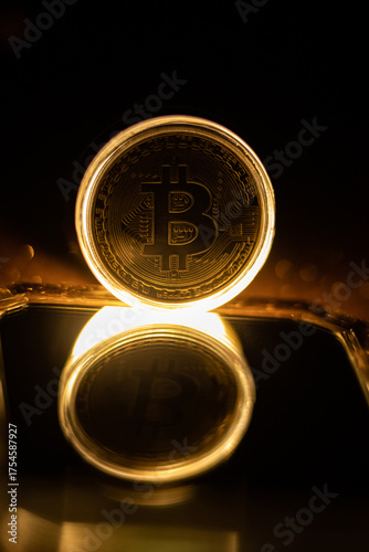 Bitcoin icon sign payment symbol golden background. Decentralised Cryptocurrency logo of BTC coin. 