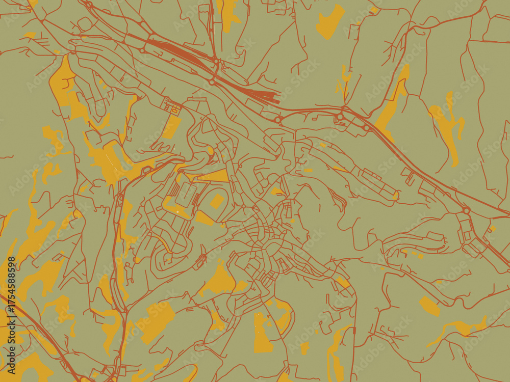 Fototapeta premium Poster-ready flat map of Siena, Italy, earthy sage background with rust roadways and ochre details.