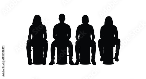 Silhouettes of four people sitting on chairs in a row against a white background