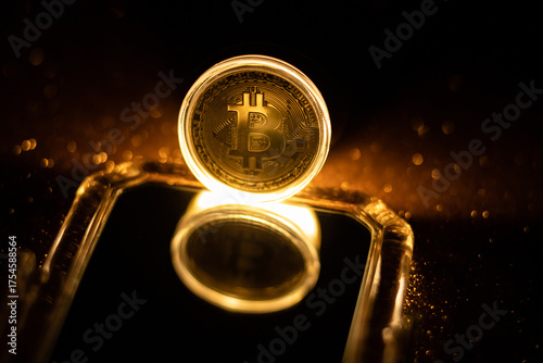 Bitcoin icon sign payment symbol golden background. Decentralised Cryptocurrency logo of BTC coin. 