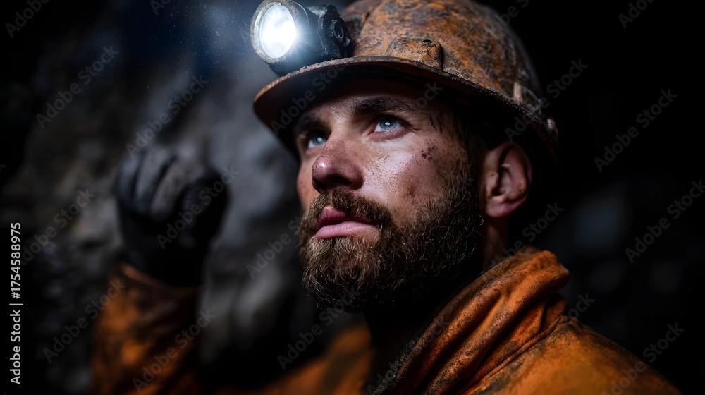 Fototapeta premium Miner wearing a helmet with a flashlight looks upwards in a dark rocky underground setting