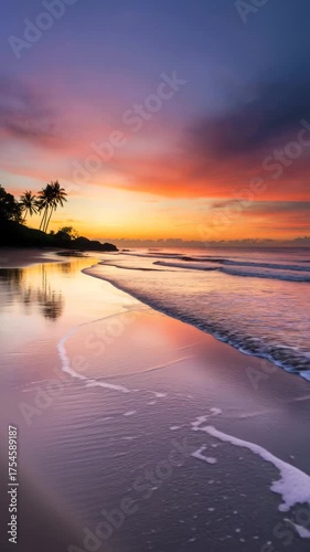 Serene beach at sunset with palm trees and colorful sky reflection