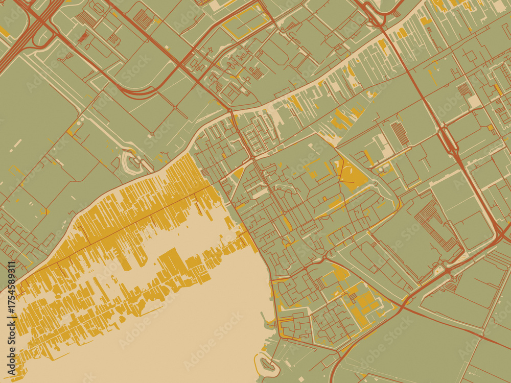 Obraz premium Abstract flat-design map of Aalsmeer, Netherlands, featuring olive backdrop with warm rust street network and ochre blocks.