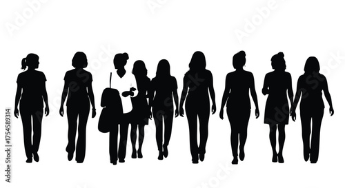 Silhouettes of diverse women in a row, representing community and unity, black and white depiction