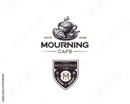 vintage a cup of coffee with croissant bakery coffeeshop logo template
