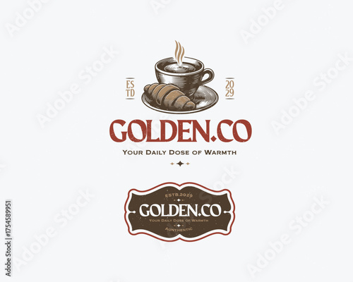 vintage a cup of coffee with croissant bakery coffeeshop logo template