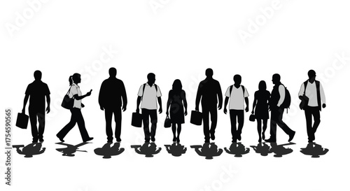 Silhouettes of diverse people walking with shadows, representing movement and urban life scenarios