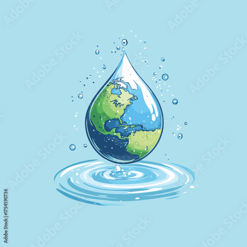 Water drop encompassing the earth showcasing water resource and conservation needs , vector style simple color