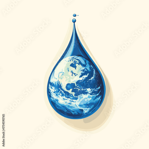 Water drop encompassing the earth showcasing water resource and conservation needs , vector style simple color