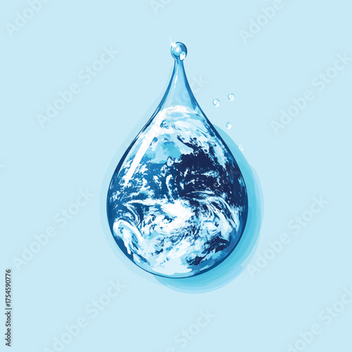 Water drop encompassing the earth showcasing water resource and conservation needs , vector style simple color