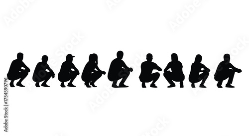 Row of diverse people silhouettes squatting in unison, demonstrating community and unity in a unified posture
