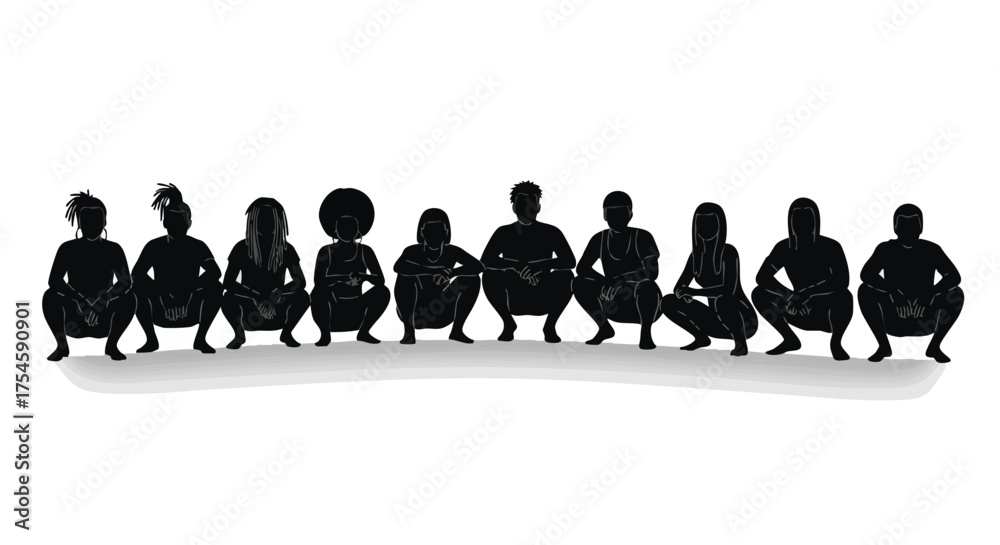 Naklejka premium Diverse Group of People Squatting Silhouettes Unity, Togetherness, and Human Connection