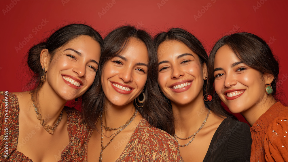 Obraz premium Group of four happy Mexican women sharing laughter and warmth against a festive red backdrop Generative AI