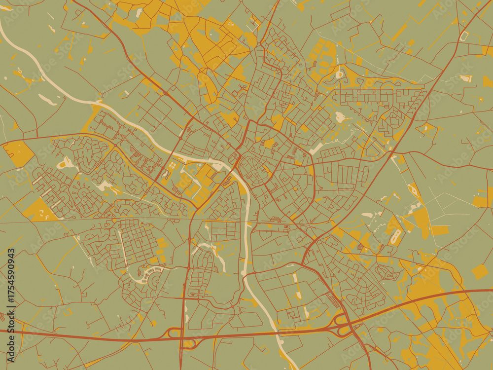 Obraz premium Modern flat map poster of Doetinchem, Netherlands in sage/olive tone field with rust networks and ochre shapes, cream water.
