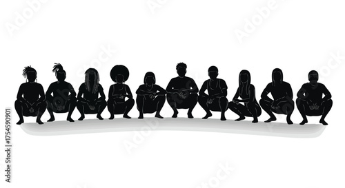 Diverse Group of People Squatting Silhouettes Unity, Togetherness, and Human Connection